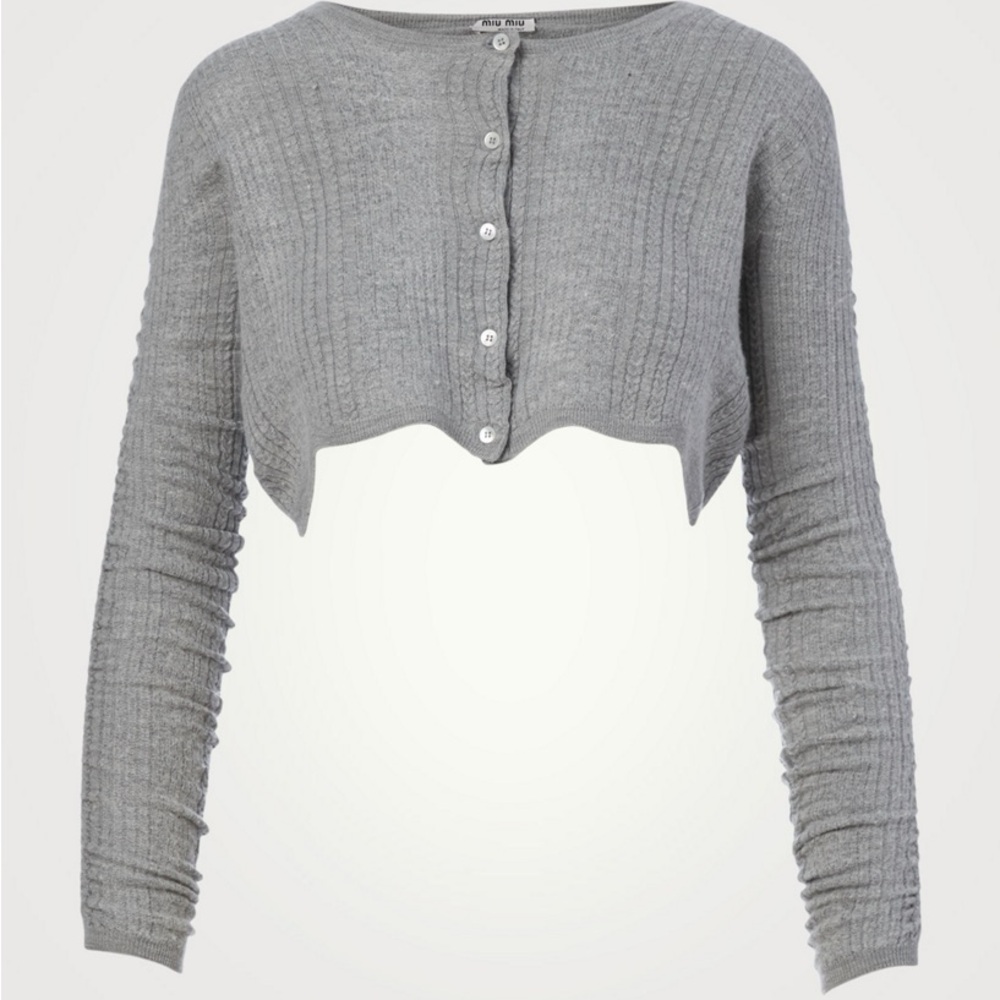 NWT Miu Miu Cropped Ruched Gray Cardigan 38